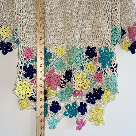 Boho Open Knit Crochet Top M Longline Cover Up Floral Festival Hi Low Hem Tan - Picture 8 of 10
